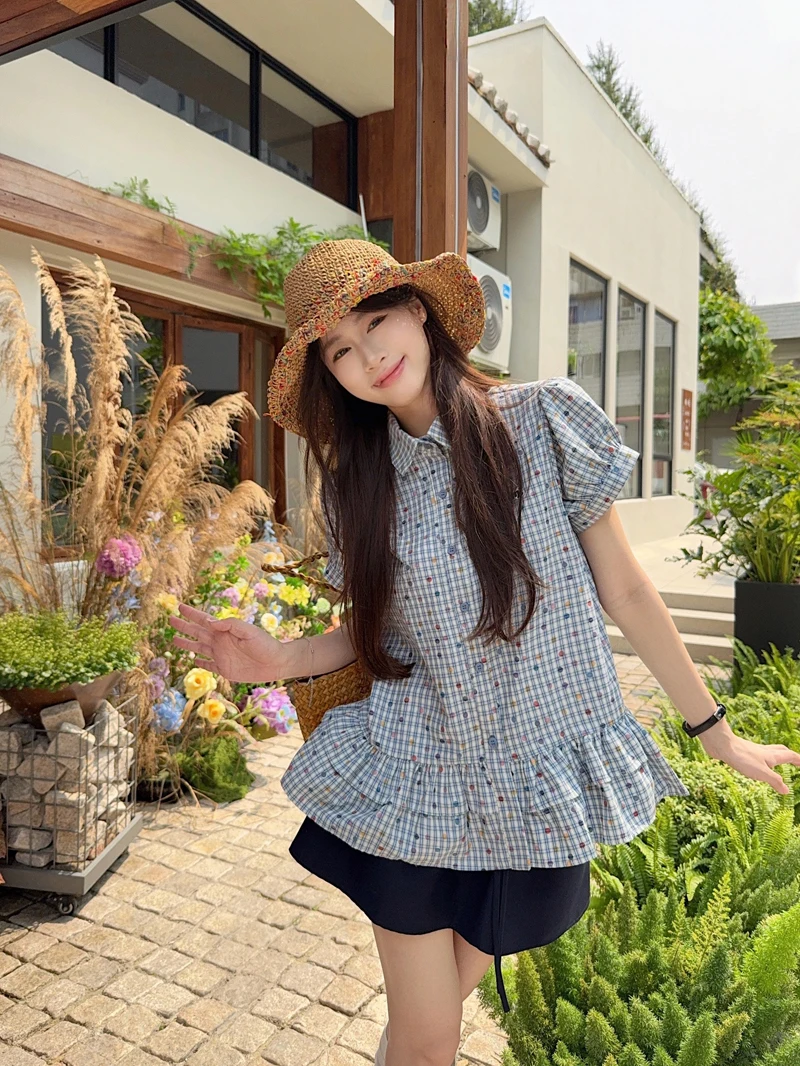 

Kumikumi Women's Checkered Polka Dot Short Sleeve Shirt Turn-down Collar Bubble Sleeve Flounce Hem Top Summer Chic Versatile