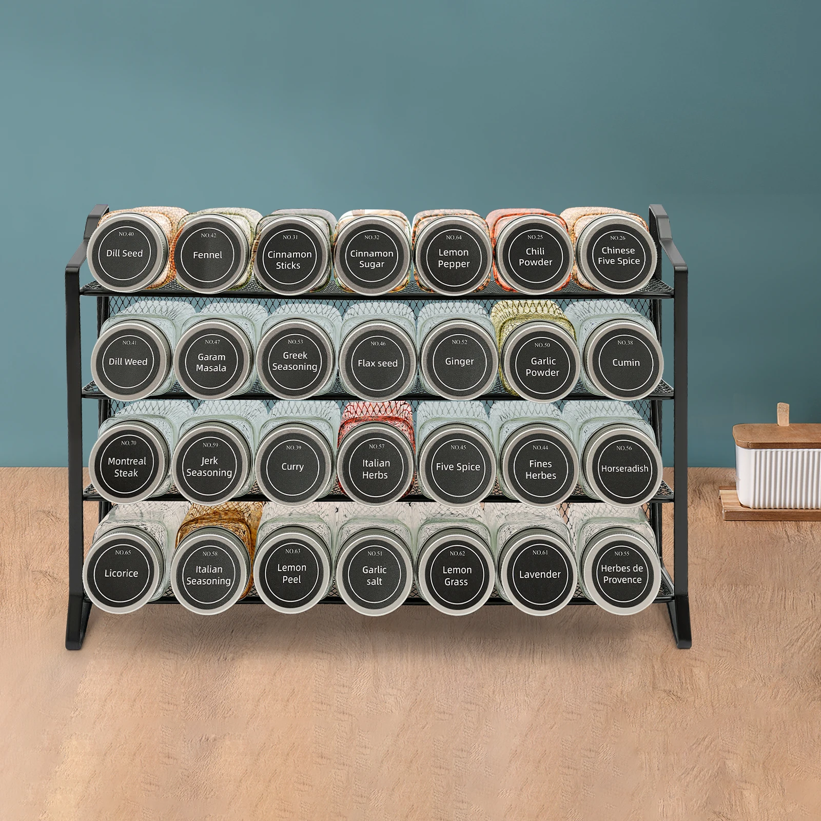 4-stufiges Gewürzregal mit 28 Gläsern, robuster Organizer aus Eisengeflecht, an der Wand montierbare Küchentheken-Aufbewahrung für Gewürze und Speisekammer