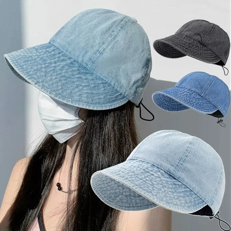 

Korean Washed Denim Fisherman Hat Spring Summer Women Wide Brim Sun Protection Hats All-match Adjustable Drawstring Baseball Cap
