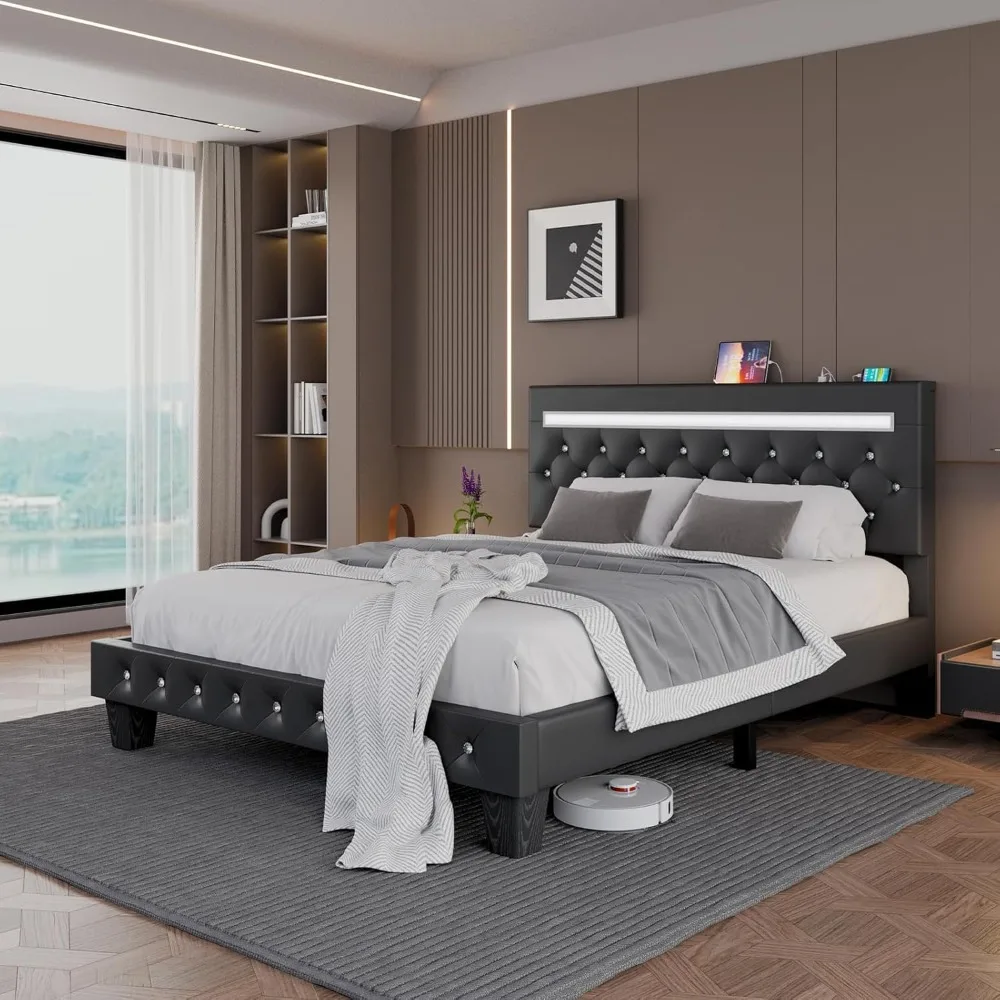 

Queen Size Bed Frame with Headboard, Platform Bed Frame with Led Lights and Charging Station, Upholstered Adjustable Headboard,