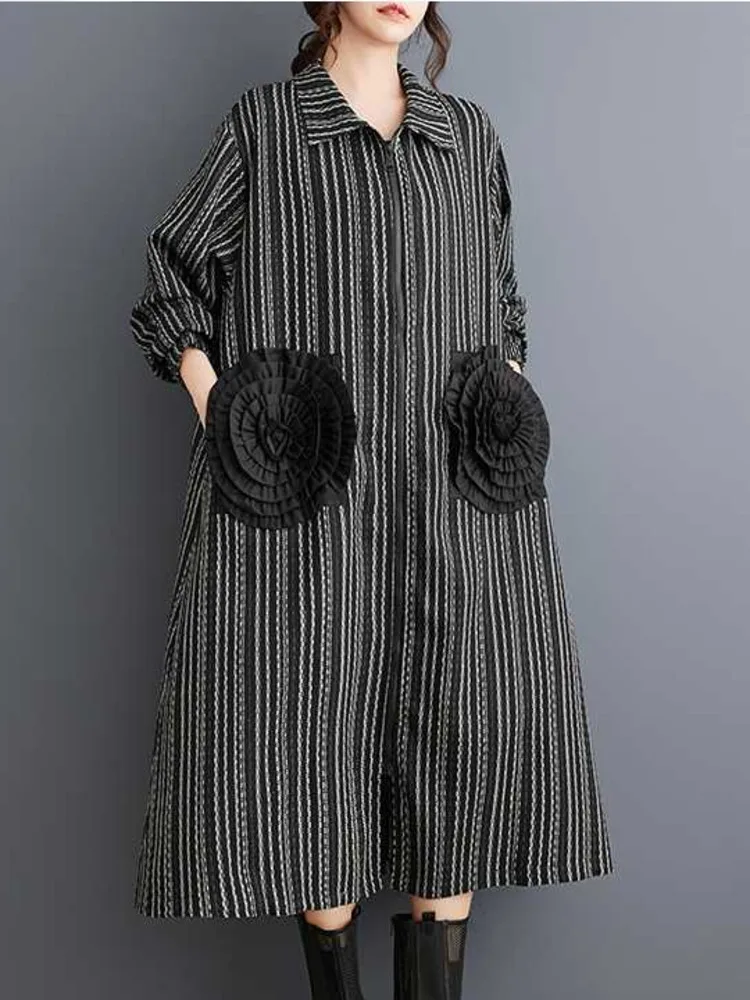 SHENGPALAE 2025 Spring New Stripe Embroider Large Size Dress Women Turn Down Collar Zipper Casual Elegant Clothing 5ZD1121