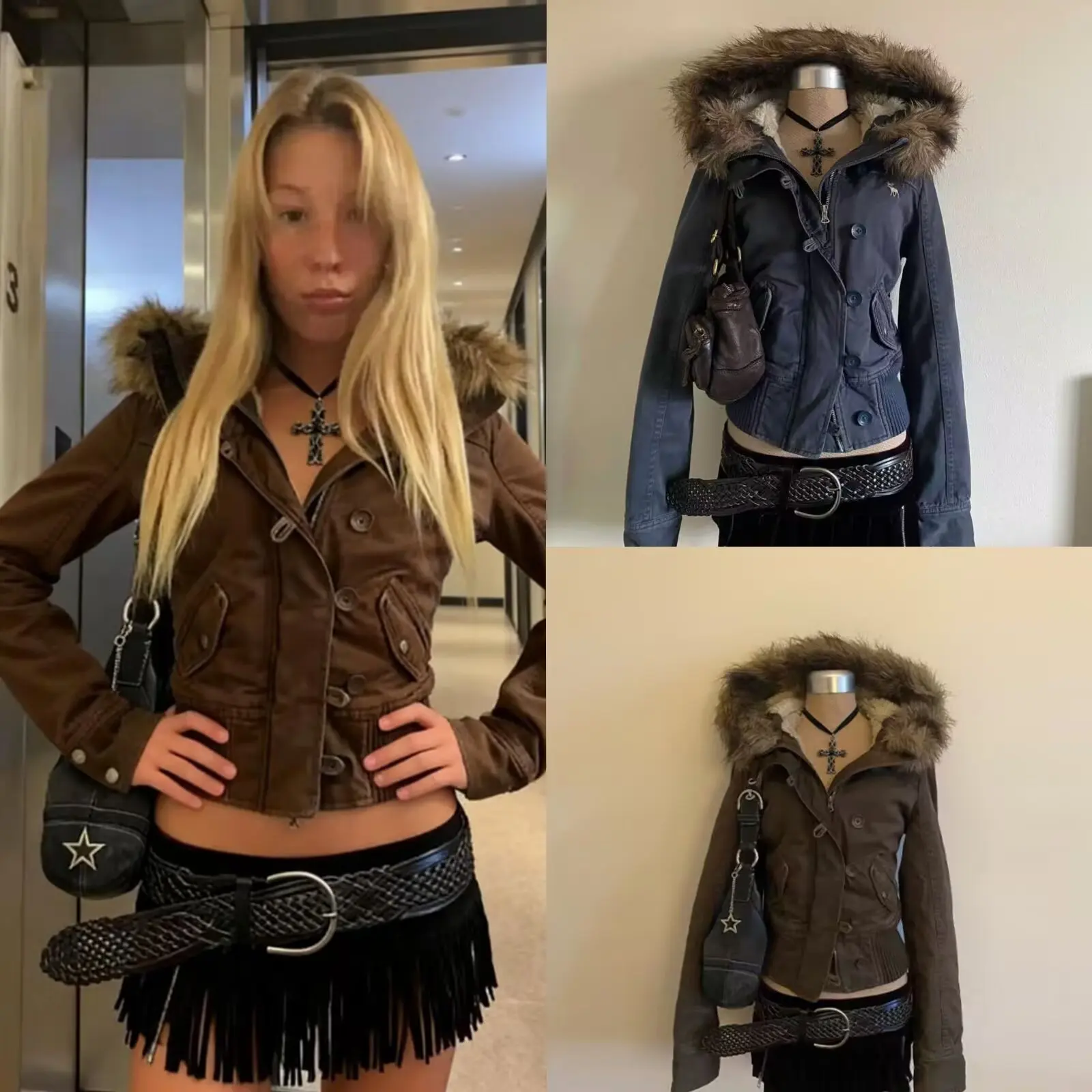 Brown Cropped Hooded Jacket Faux Fur Trim Collar Zip Button Slim Long Sleeve Y2K Vintage Streetwear Women Outer Coat 260602