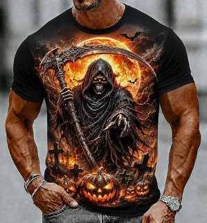 Herren Kurzarm-T-Shirt mit Rundhalsausschnitt, Halloween-Motiv mit Sensenmann, Kürbis und Fledermaus, lässige Party- und Streetwear-Oberteile – Detail 1