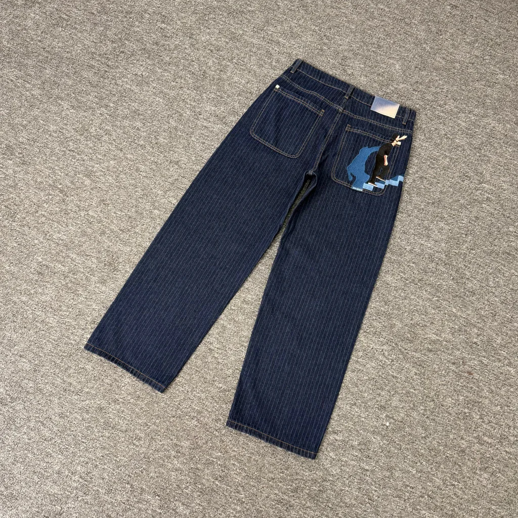 

Джинсы в полоску с облаком, повседневные хлопковые джинсы с высокой талией, осень-зима, новые джинсы с запахом, свободный крой, застежка-молния