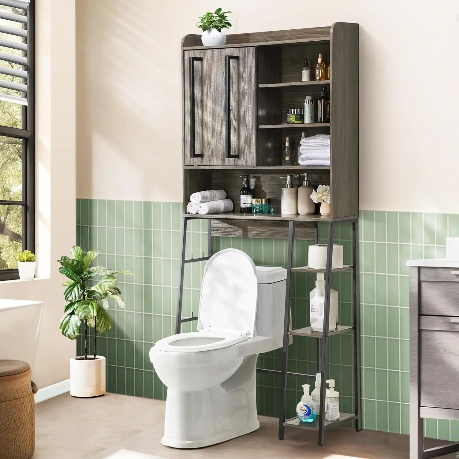

Over The Toilet Storage Cabinet, 31.5" L x 7.7" W x 66.9" H, Bathroom Organizer with Adjustable Shelves and Sliding Door,=