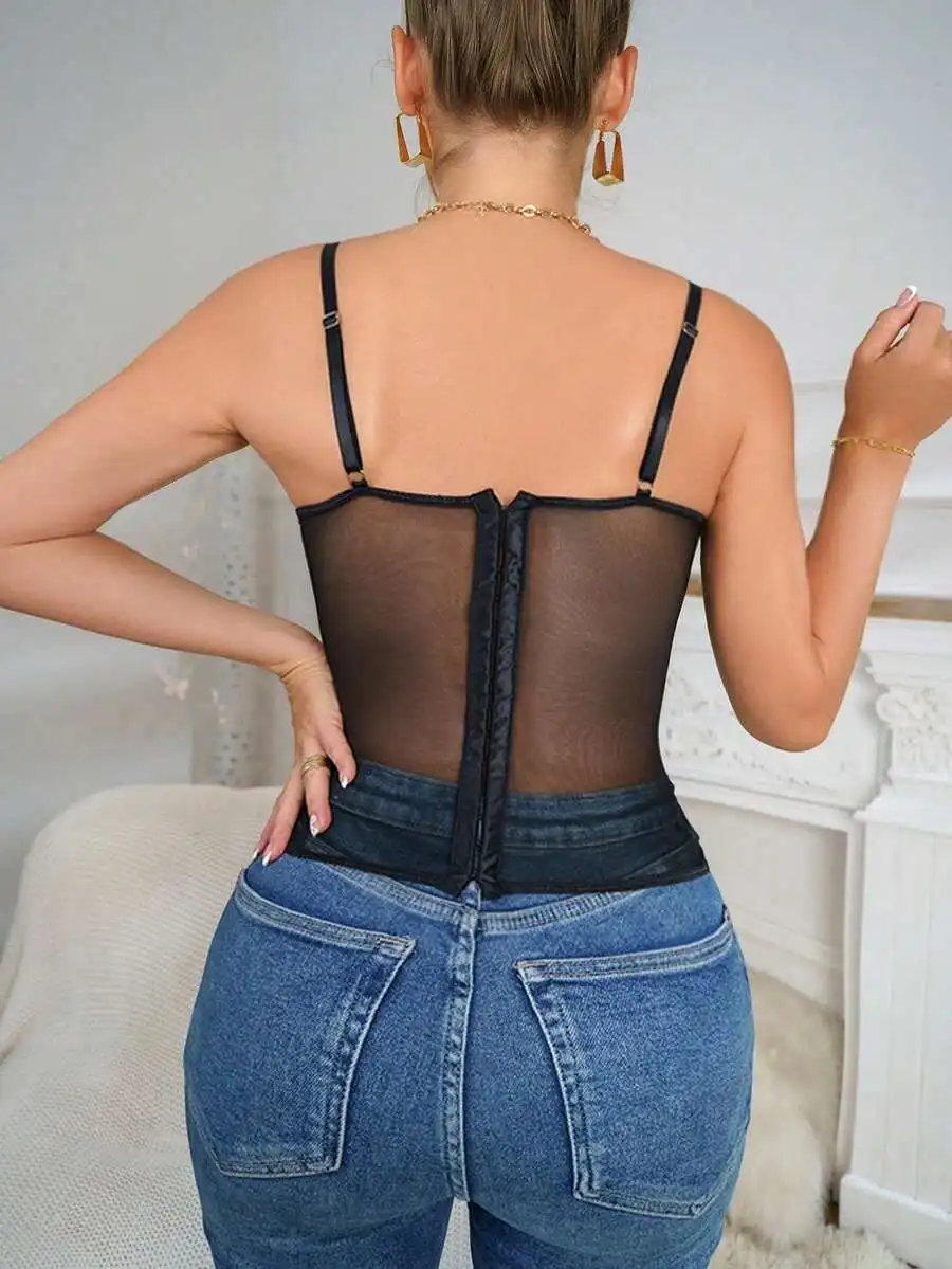 

Sheer Mesh Spaghetti Strap Corset Bodysuit With Back Zip For Women