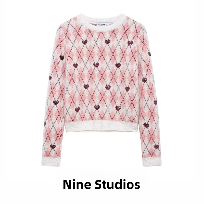 

NINE ZAR Women's round Ne Pullover Heart Pattern Knitted Sweater 43306 Embroidered Knitwear Top Faionable Ladies' Knit ...