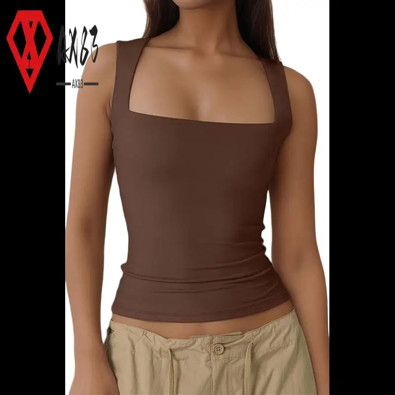 

AX83-Women's Square Neck Sleeveless Tank Tops Basic Tight T-Shirts