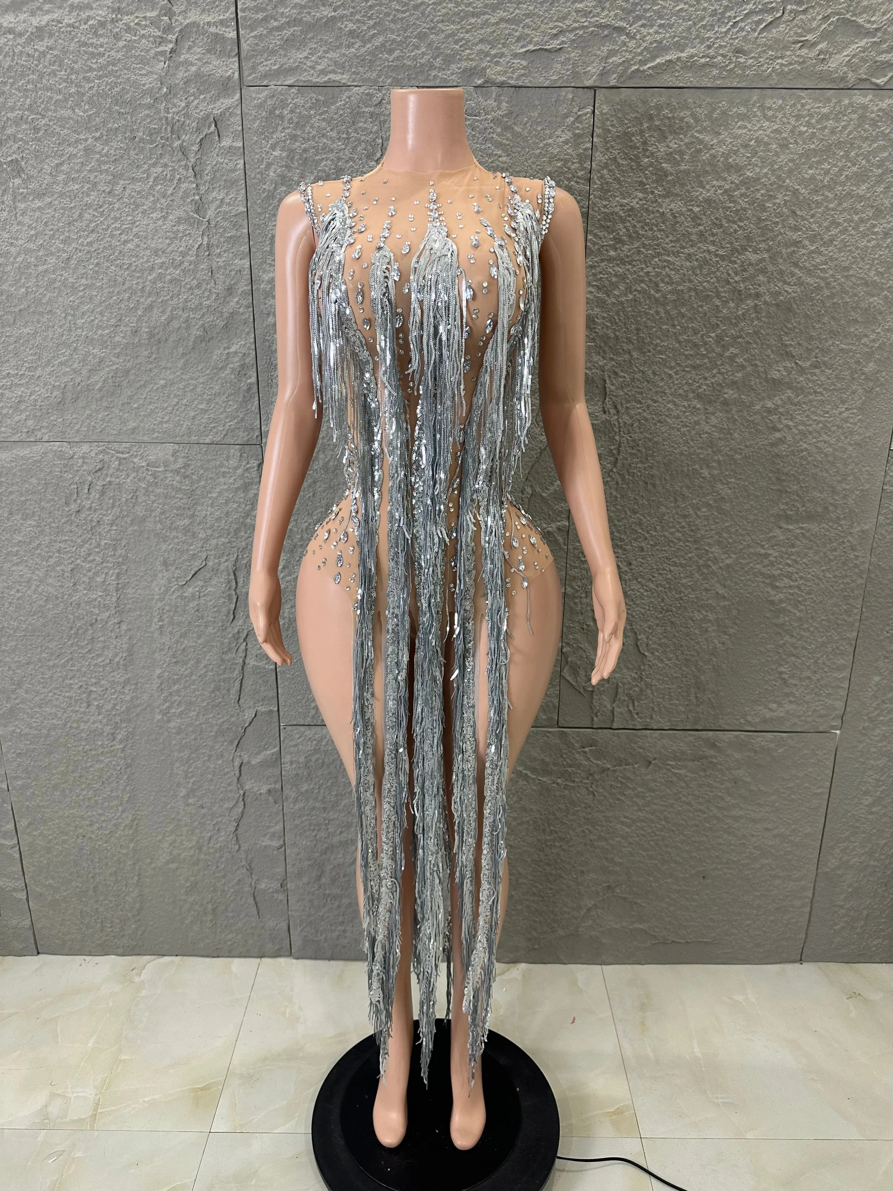 

Luxury Nude Mesh Silver Sparkle Rhinestone Fringe Dress Bodycon Formal Evening Wedding Guest Gala Photoshoot Cocktail Party Gown