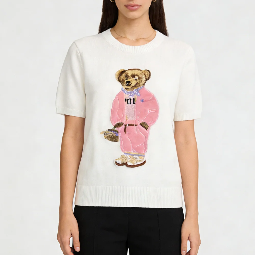 เสื้อสเวตเตอร์ถักไหมพรมผู้หญิงสไตล์เกาหลีลายการ์ตูนปักแขนสั้นเนื้อบางเบาใส่สบายสำหรับฤดูร้อน