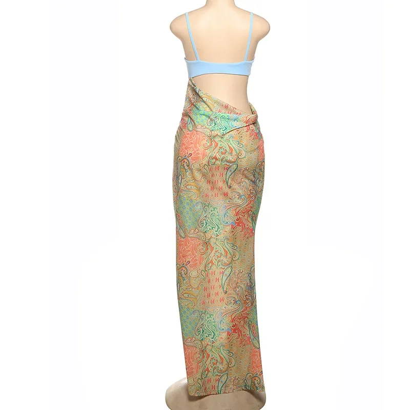 Paisley Print Patchwork Camisole Maxi Dress 2025 New Women Gold Metal Flower Spaghetti Straps Backless Holiday Beach Long Robe