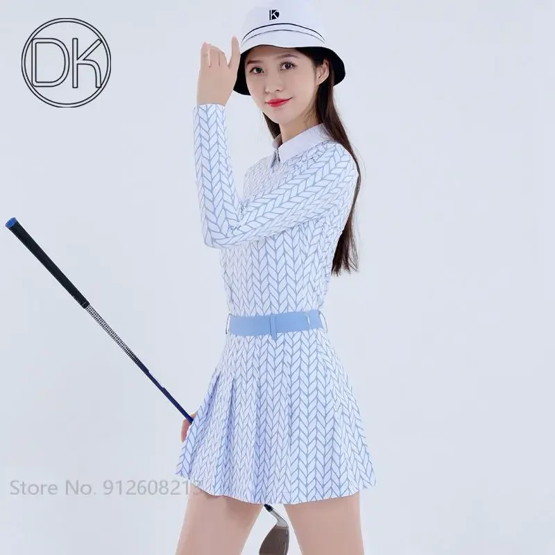 DK Autumn Women Printed Golf Shirts Long-Sleeved Slim T-shirt Female High Waist Pleated Skirt Golf Culottes OL Clothing Suit