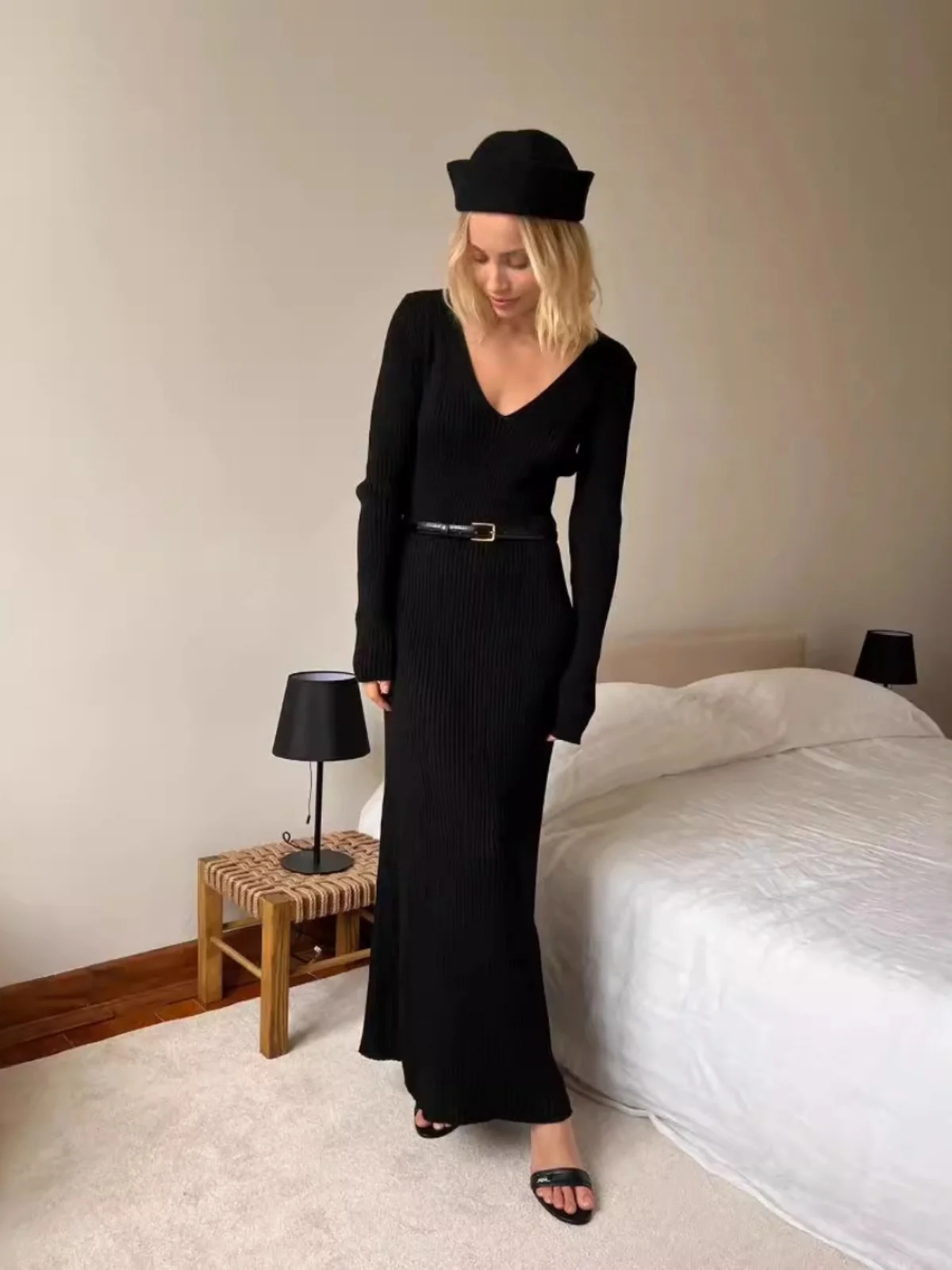 Vestido Sexy de Malha com Decote em V, Camada Base, Estilo Urbano, Cintura Alta, Manga Longa, Saia Bodycon, Vestido de Poliés...