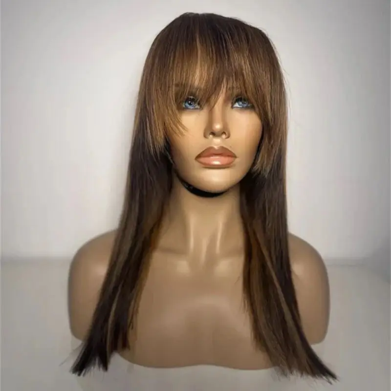 المرأة شعر مستعار أومبير الشوكولاته البني الاصطناعية الدانتيل شعر مستعار أمامي مستقيم بوب شعر مستعار مع الانفجارات قسط ارتفاع درجة الحرارة الألياف شعر مستعار للحفلات