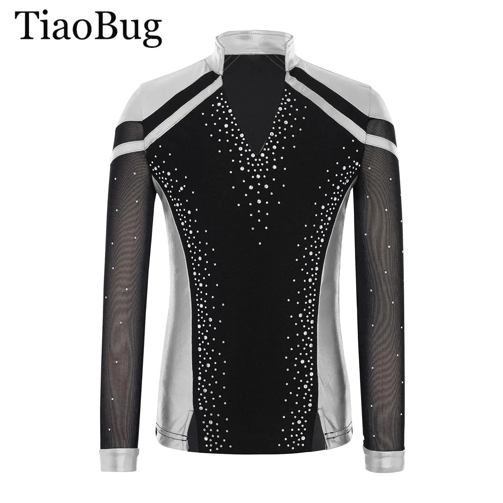 เสื้อเต้นรำสำหรับเด็กผู้ชาย ประดับคริสตัล เหมาะสำหรับยิมนาสติก บัลเลต์ ฟิกเกอร์สเก็ต คอวี แขนยาว ชายเสื้อผ่าข้าง ผ้าเมทัลลิก สำหรับเต้นลาติน