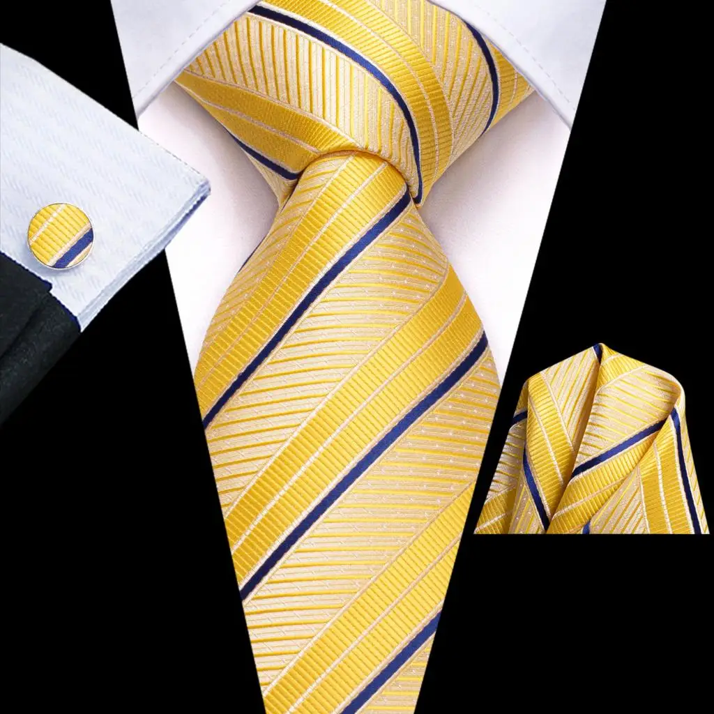 

Striped Yellow Blue Silk Wedding Tie For Men Gift Mens Necktie Handky Cufflink Set Fashion Business Party Dropship Hi-Tie Design