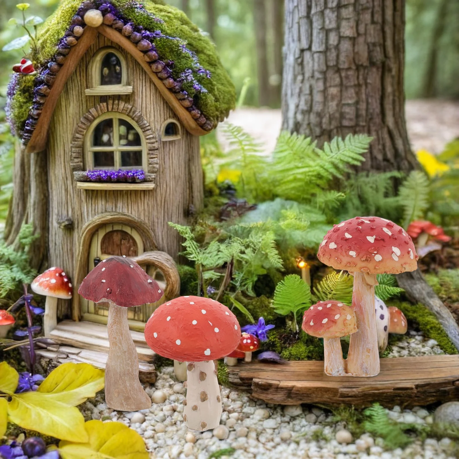 

3pcs Mushroom Garden Decoration Resin Sculptures Outdoor Statues Fairy Tale Landscape Miniature Figurines Lawn Patio Ornament