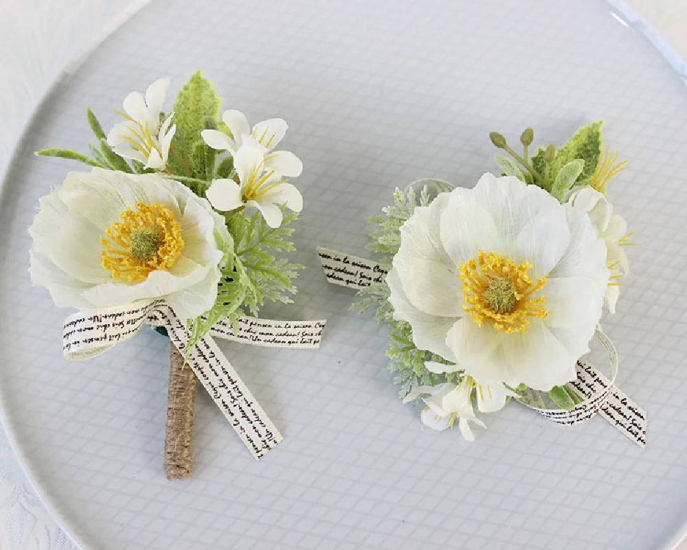 Boutonniere y Corsag para muñeca, suministros de boda, banquete, invitados, flor simulada, pecho, flor de mano, serie blanca 126