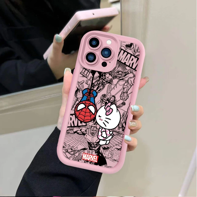 Spider Man Cute Hello Kitty Silicone Phone Case for iPhone 16 15 14 13 Pro Max 12 11 X XS XR 7 8 Plus SE Cartoon Couple Cover