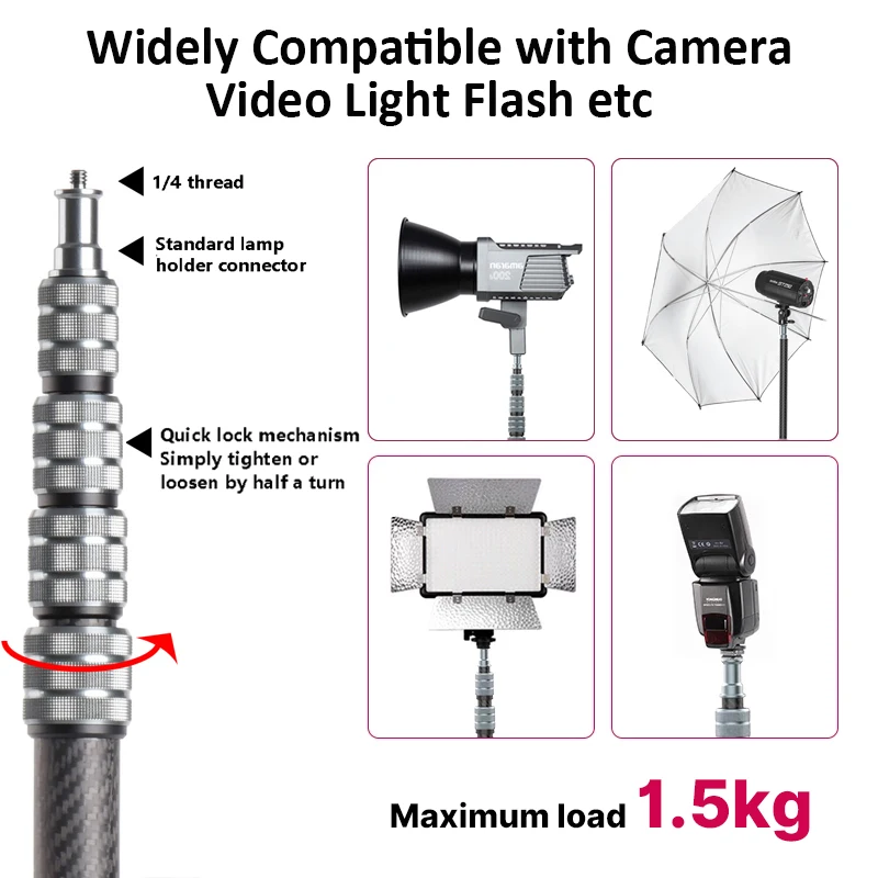 MAXIAOLU MF-01 1.9M stojak na oświetlenie fotograficzne z włókna węglowego 1/4 śrubę regulowany statyw uchwyt przenośna lampka do lampy błyskowej