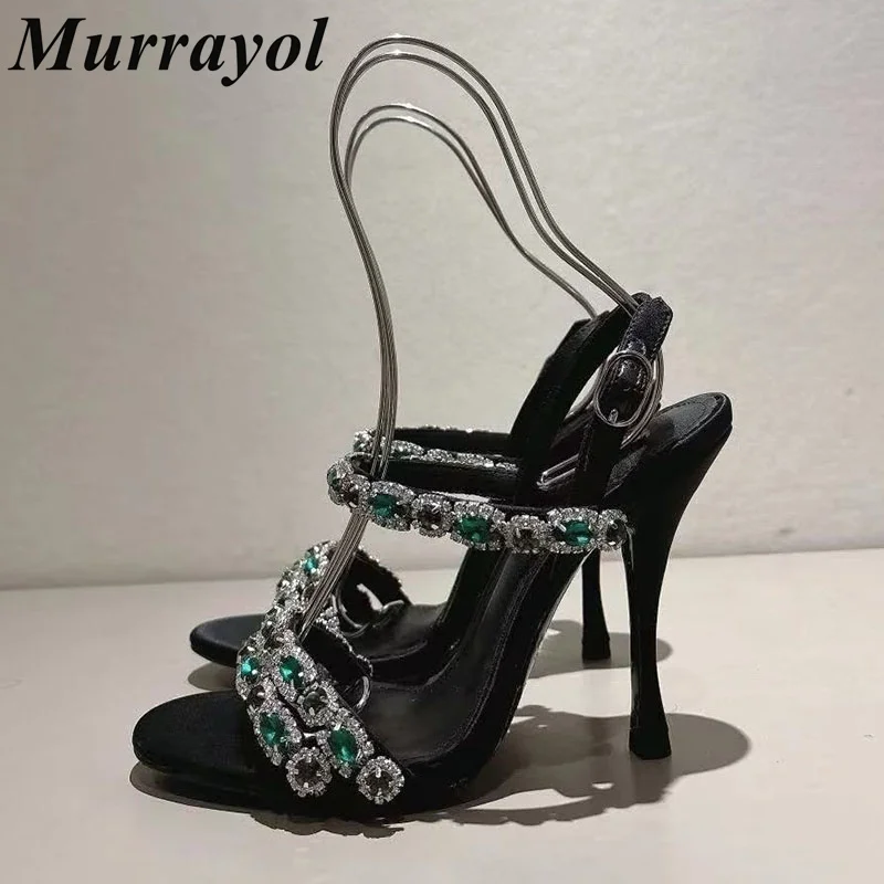 Sandals Women Bling Bling Crystal Satin Thin High Heels Open Toe Back Strap Sandalias Mujer Summer Party Dress Wedding Shoes