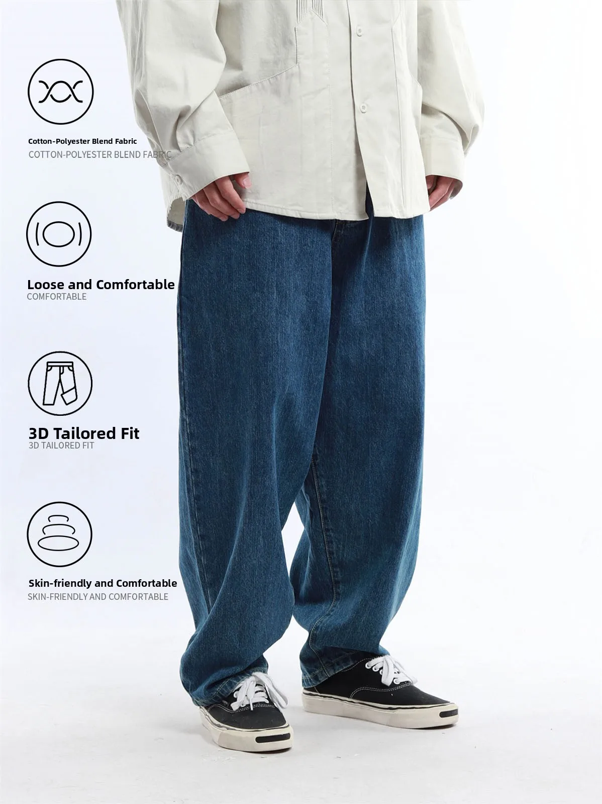 

Retro Japanese Style Wide Leg Men's Jeans Washed out Cone Shaped Loose Fit All Season Cotton Straight Tube Casual Trousers