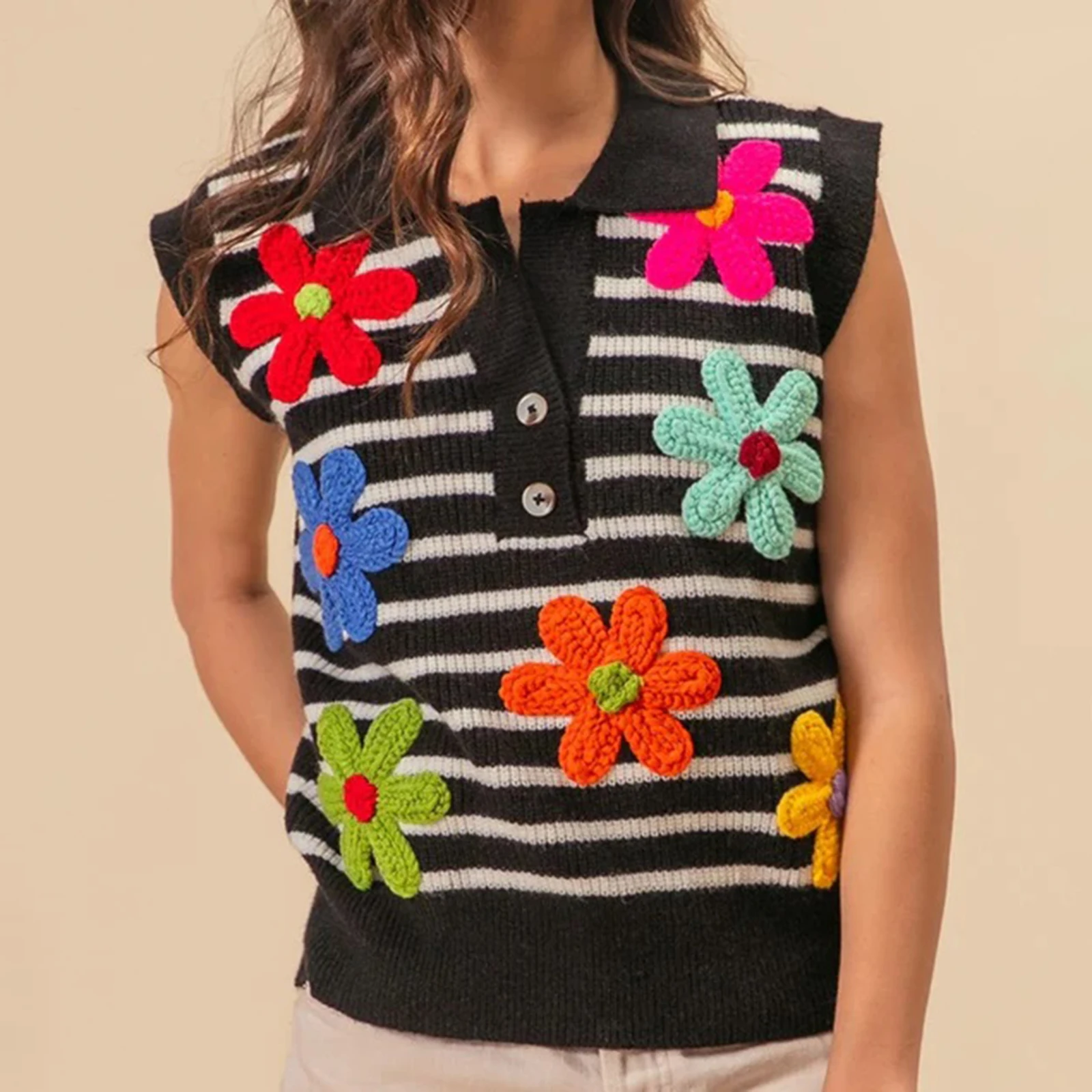 سترة نسائية مخططة مطرزة بالزهور سترة نصف زر بياقة بدون أكمام ملابس صيفية متماسكة