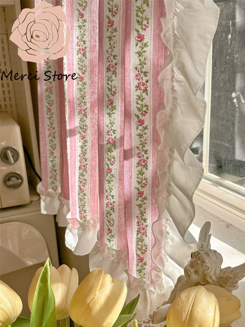 Pink Sweet Style Cotton Linen Floral Semi Blackout Curtain for Living Room Bedroom French Ruffle Dormitory Partition Half Drapes