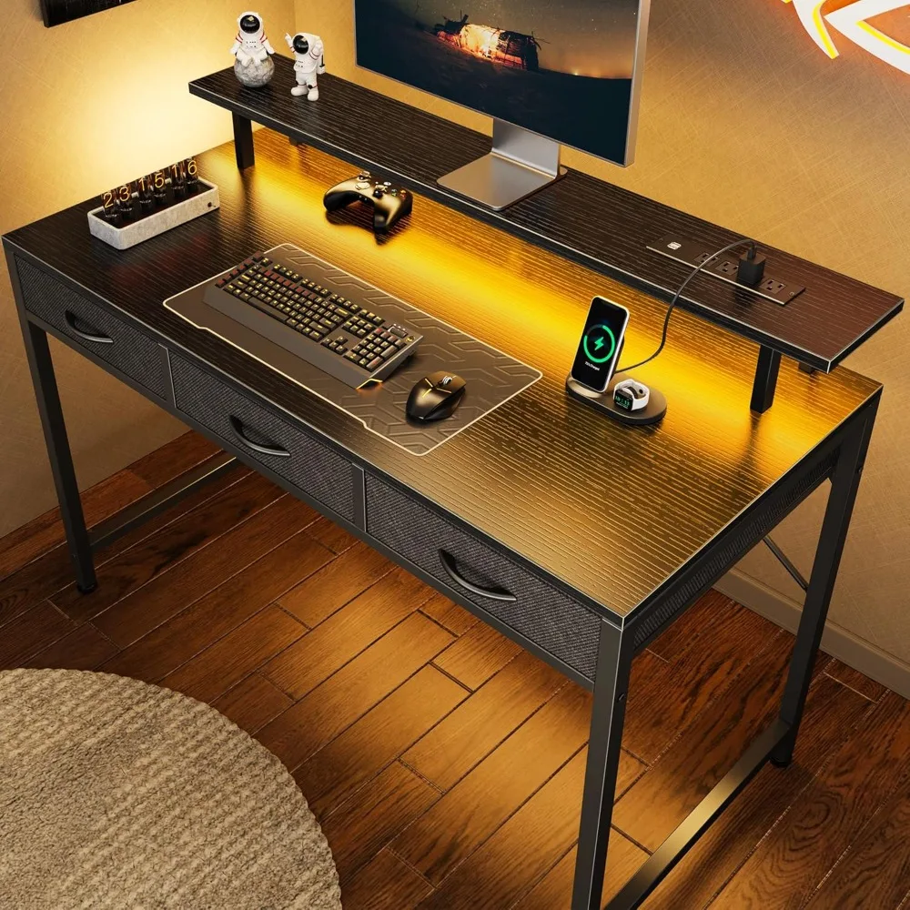 

47 Inch Computer Desk with 3 Drawers, Office Desk Gaming Desk with LED Lights & Power Outlets, Home Office Desks with Storage