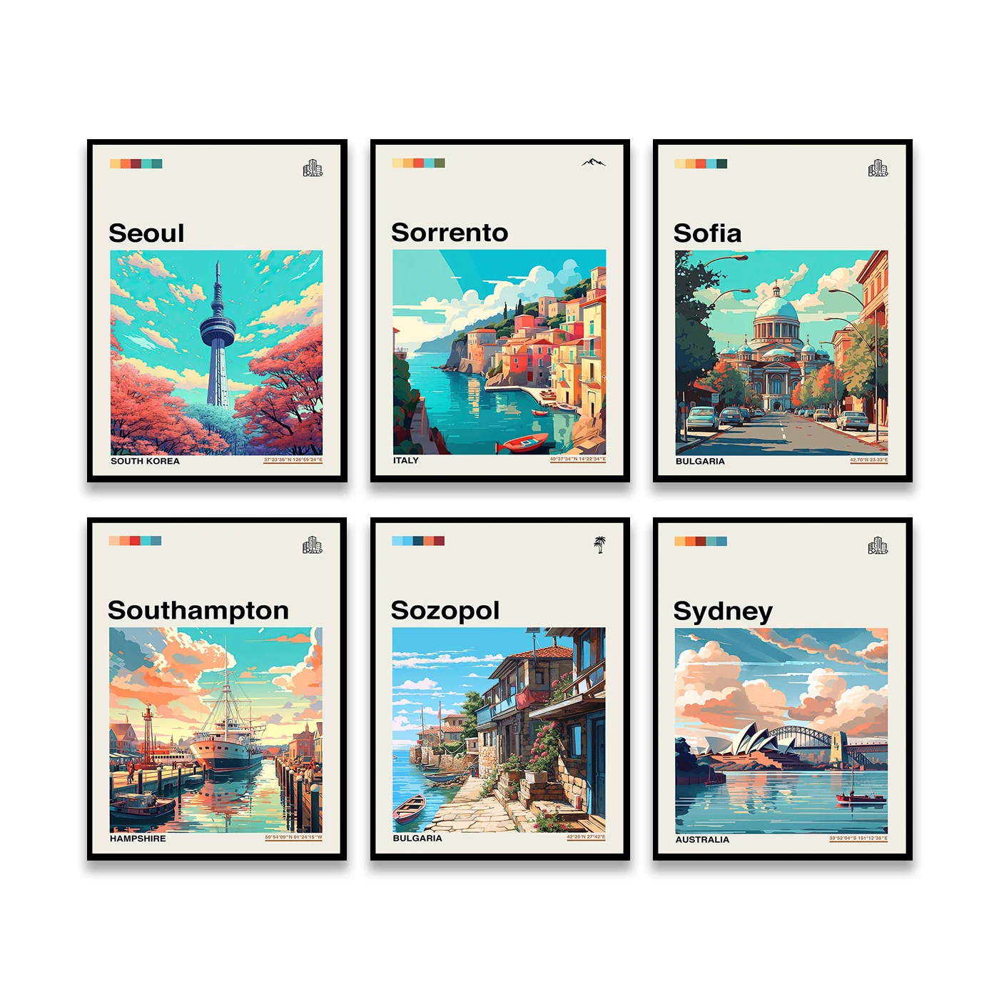Tel Aviv Sydney Strath Sozopol Southampton South Africa Sorrento Sheffield Seoul Sao Paulo. City Travel Landscape Poster