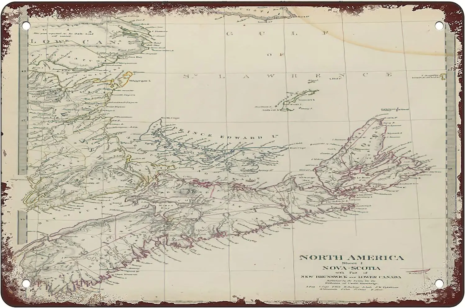 Nova Scotia New Brunswick Quebec Pei Canada Maritimes Sduk 1844 Old Map Antique Maps Tin Sign Decor Worn Stained Vintage Parchme