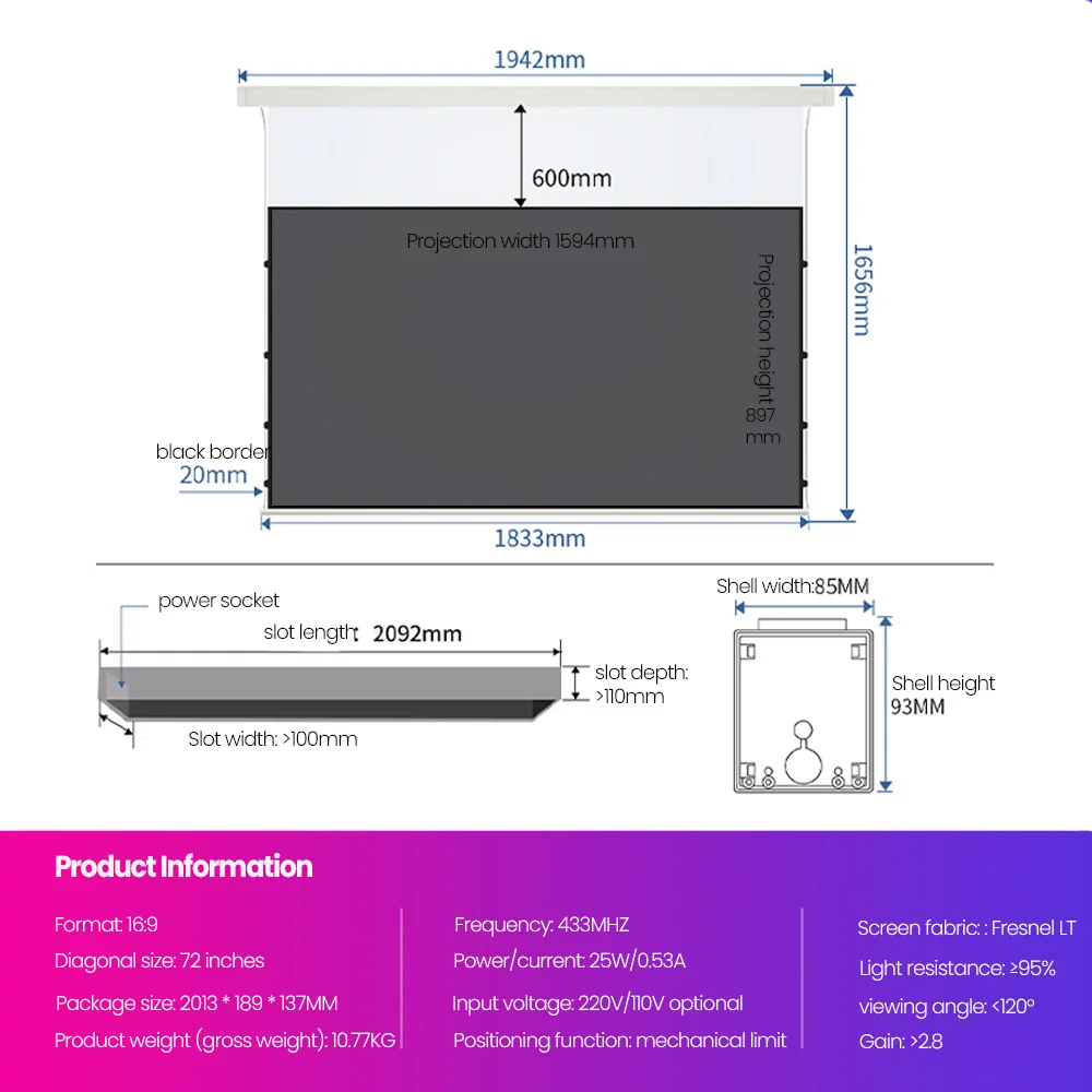Écran de projection motorisé électrique Fresnel 5.0Pro LT 2026 en promotion avec support mural flott