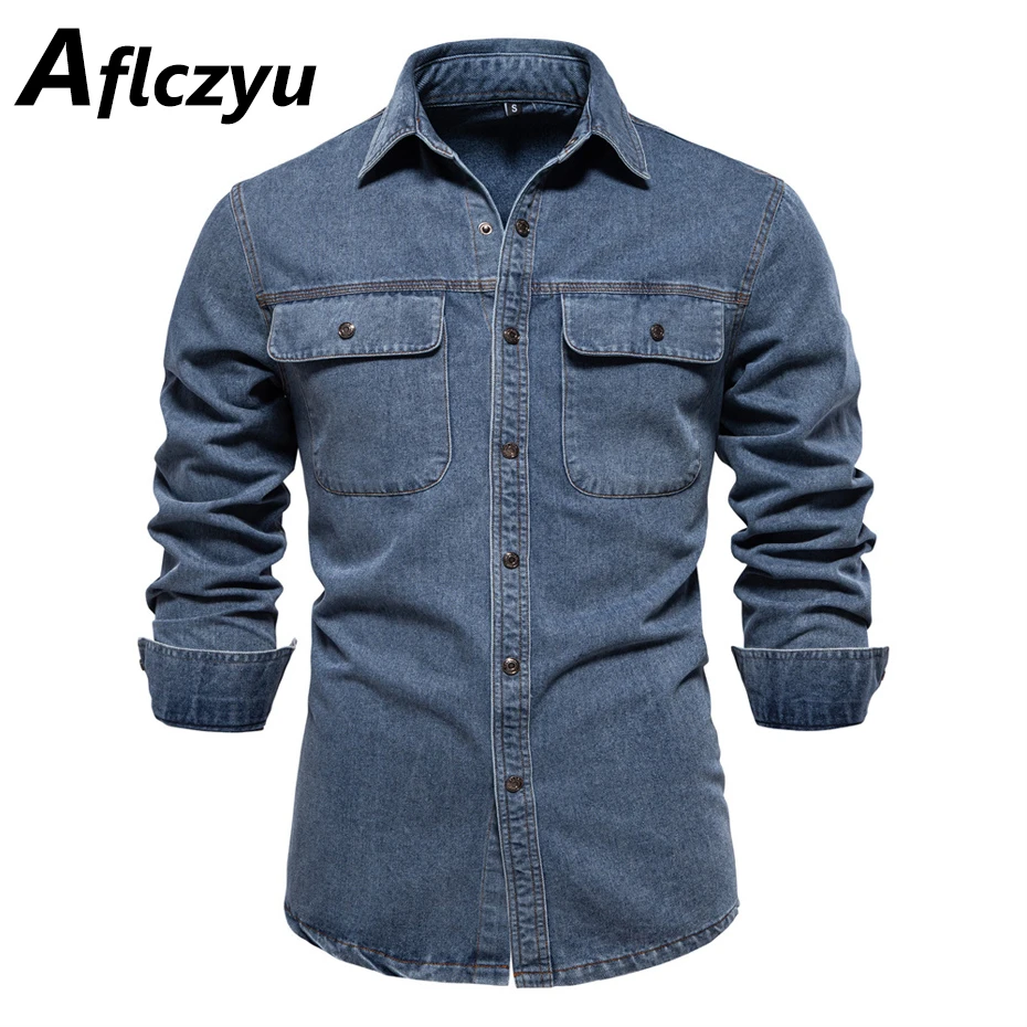 

Denim Shirts Men Solid Color Shirts Spring Autumn Long Sleeve Denim Shirt Jacket Fashion Casual Cargo Jean Jackets Male