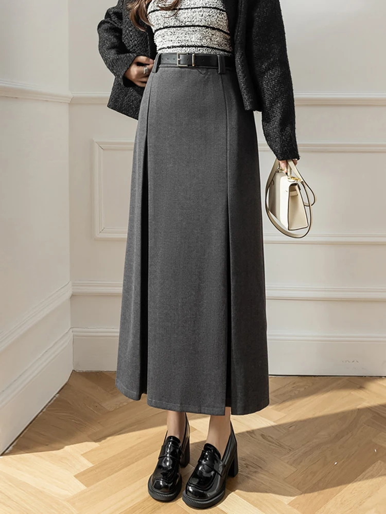 

Elegant High Waist Woolen Winter Skirt Women Vintage Streetwear Solid A-Line Office Long Skirts Black Grey Jupe Plisseé Femme