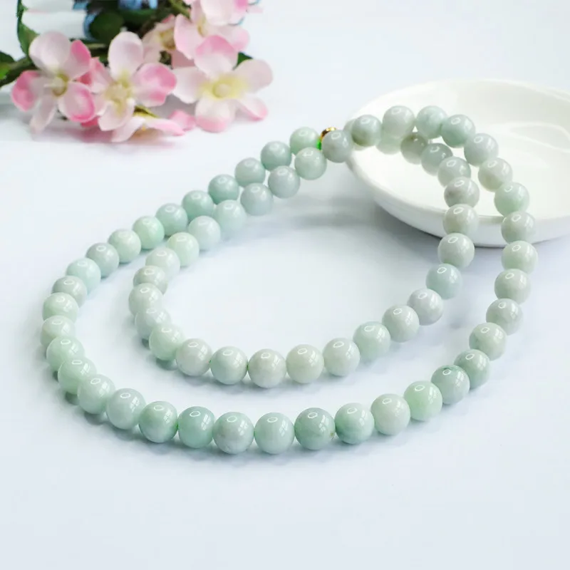 

Natural A-grade Burmese Jadeite Necklace & Bracelet Set - Dual-Strand Handmade Jade Jewelry Gift