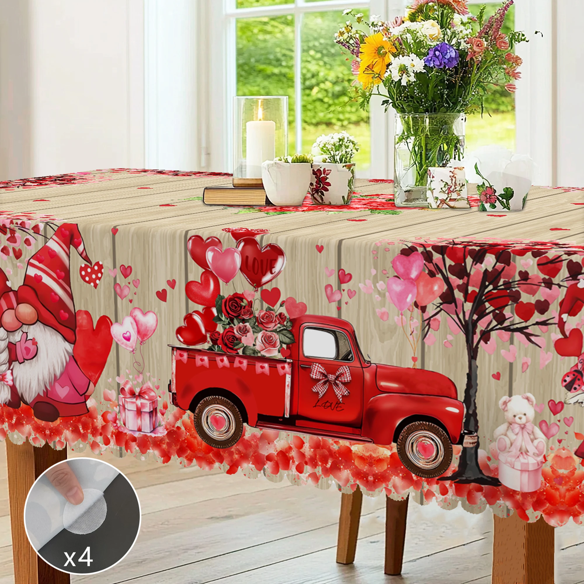 1 Piece Valentine\'s Day Round Tablecloth, 5 Sizes Available, Love Dwarf Wood Panel Pattern Tablecloth, Matching 4 Tablecloth Stickers, Edge