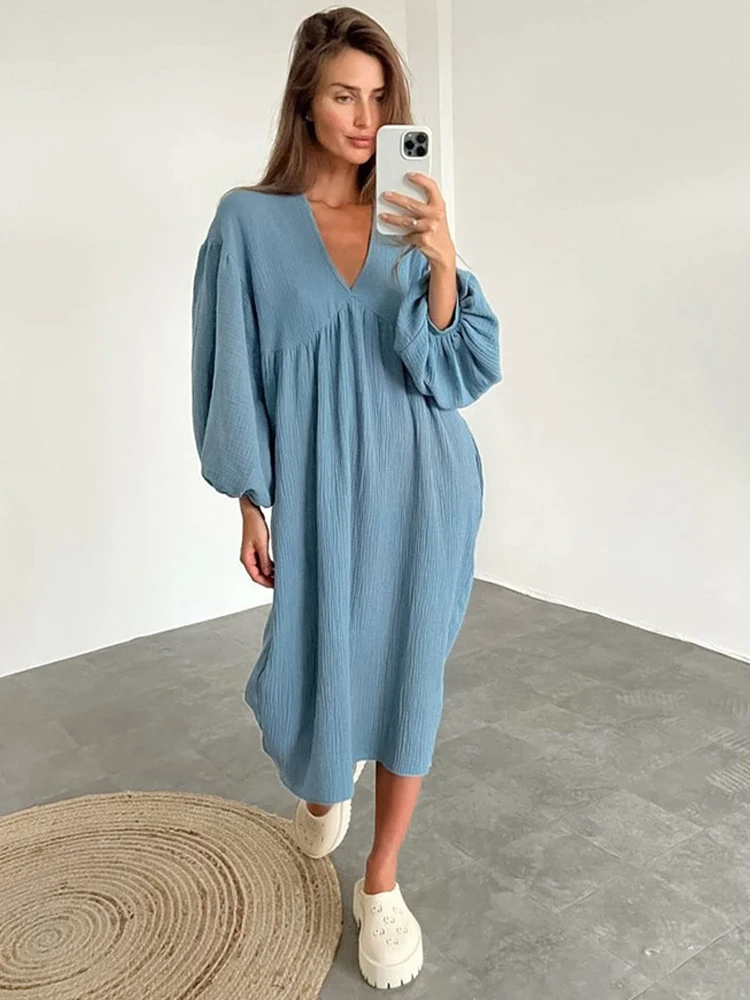 

NHKDSASA Lantern Sleeve Night Dress Women Loose Sleepwear 2023 Cotton Nightgowns Elegant Sleepshirts Dresses Casual Pajamas