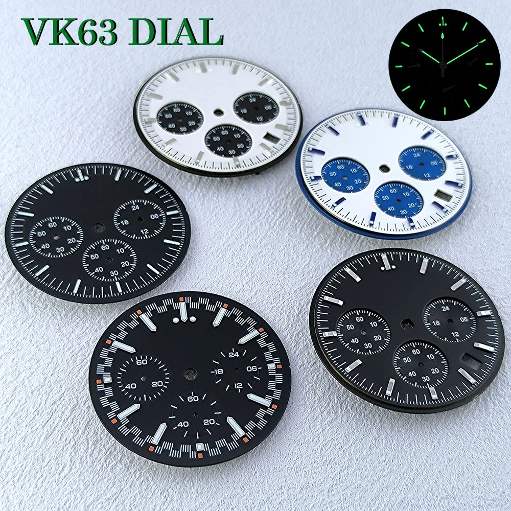 VK63 Chronograph Dial 32.5mm Custom Logo Panda Dial Green Luminous Dial Black Dial Fit VK63 Quartz Movement Watch Accessories