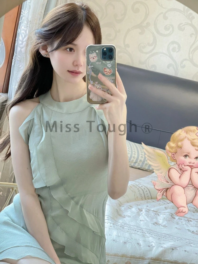 French Elegant Off Shoulder Party Dress Female Summer Hanging Neck Fairy Short Dresses Korean Fashion Ruffled Casual Clothes