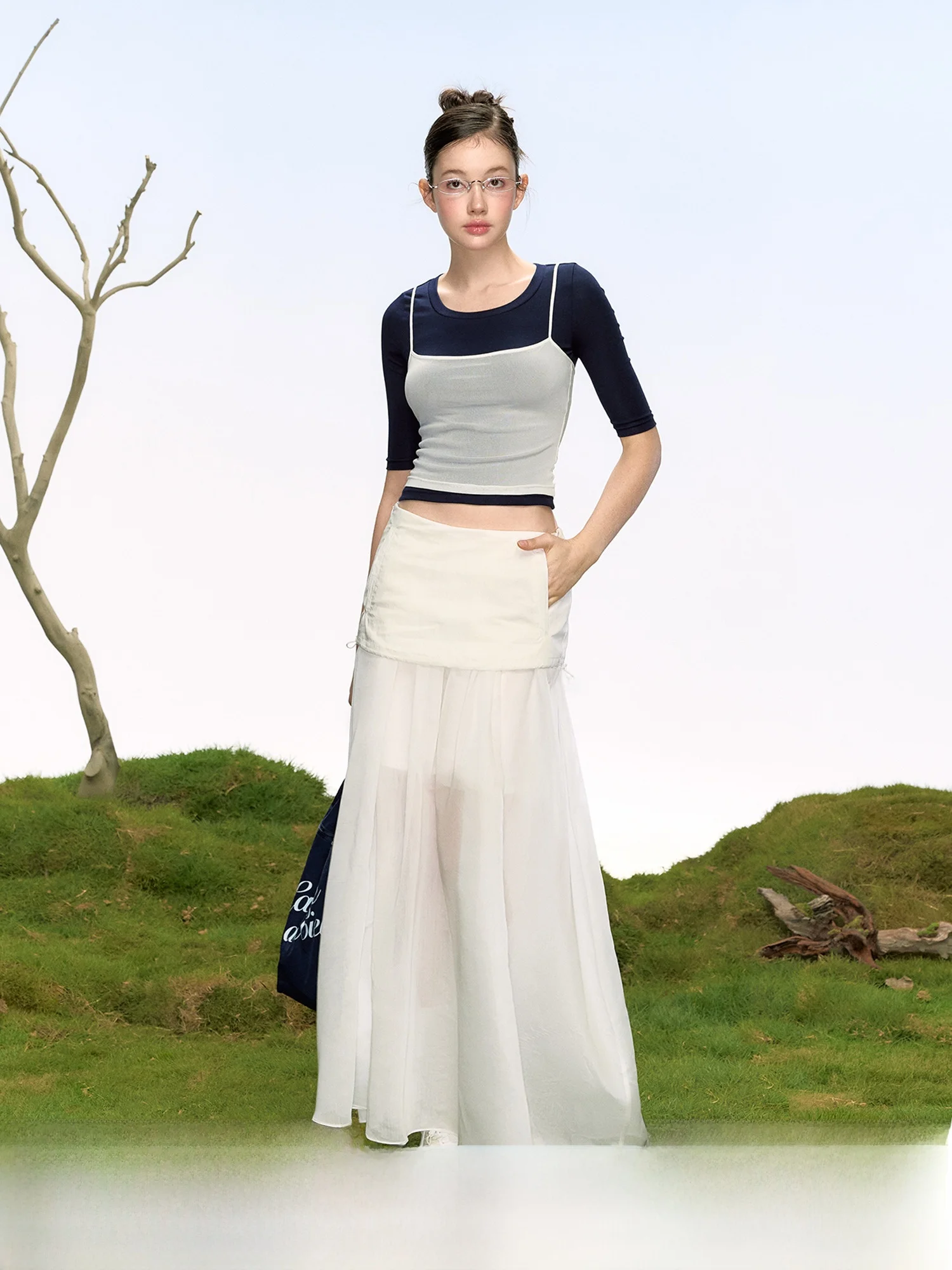 

LaluneDuCiel Casual mid Waist Splice Midi Skirt Women Summer White Elastic Fiber Cotton Nylon Polyester Blend Skirts