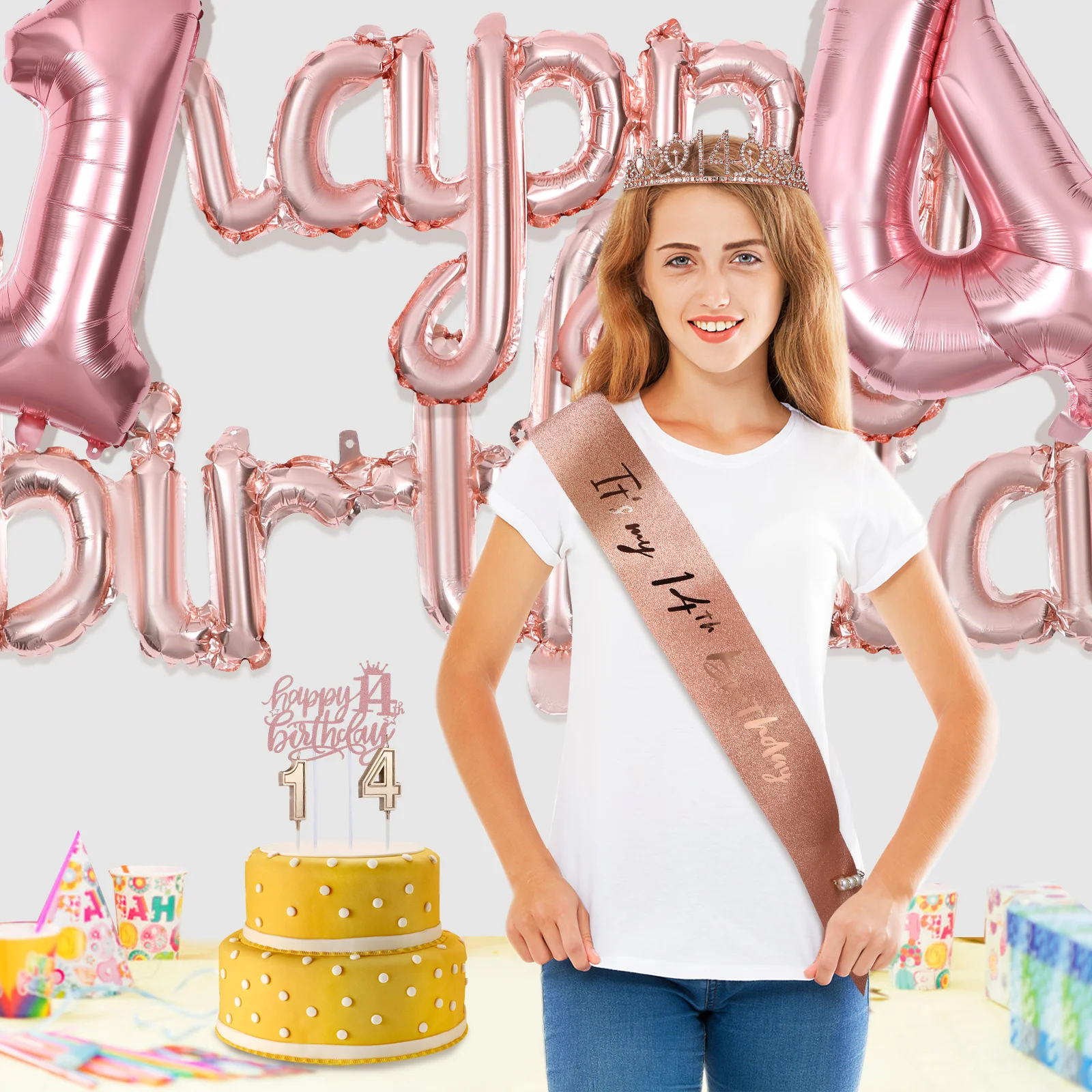 

1Set Birthday Party Decorations 14 Year Old Teen Celebration Set with Crown Sash Pearls Balloon Letters Festive Atmosphere