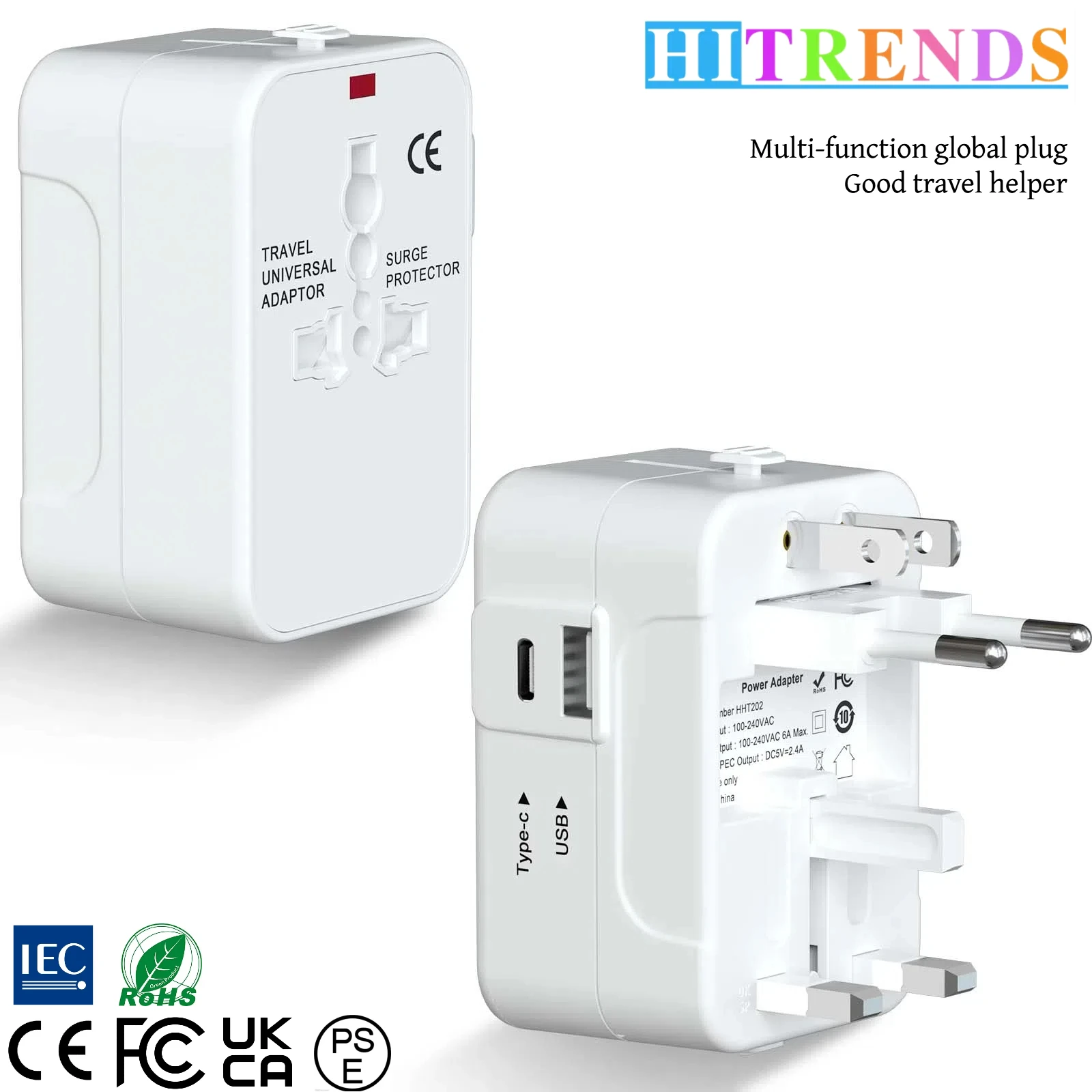 อะแดปเตอร์ Universal Travel Plug 1 USB และ 1 พอร์ตชาร์จ Type-C เครื่องชาร์จติดผนังตัวแปลงไฟ AC เหมาะสําหรับ USA, EU, UK, AU