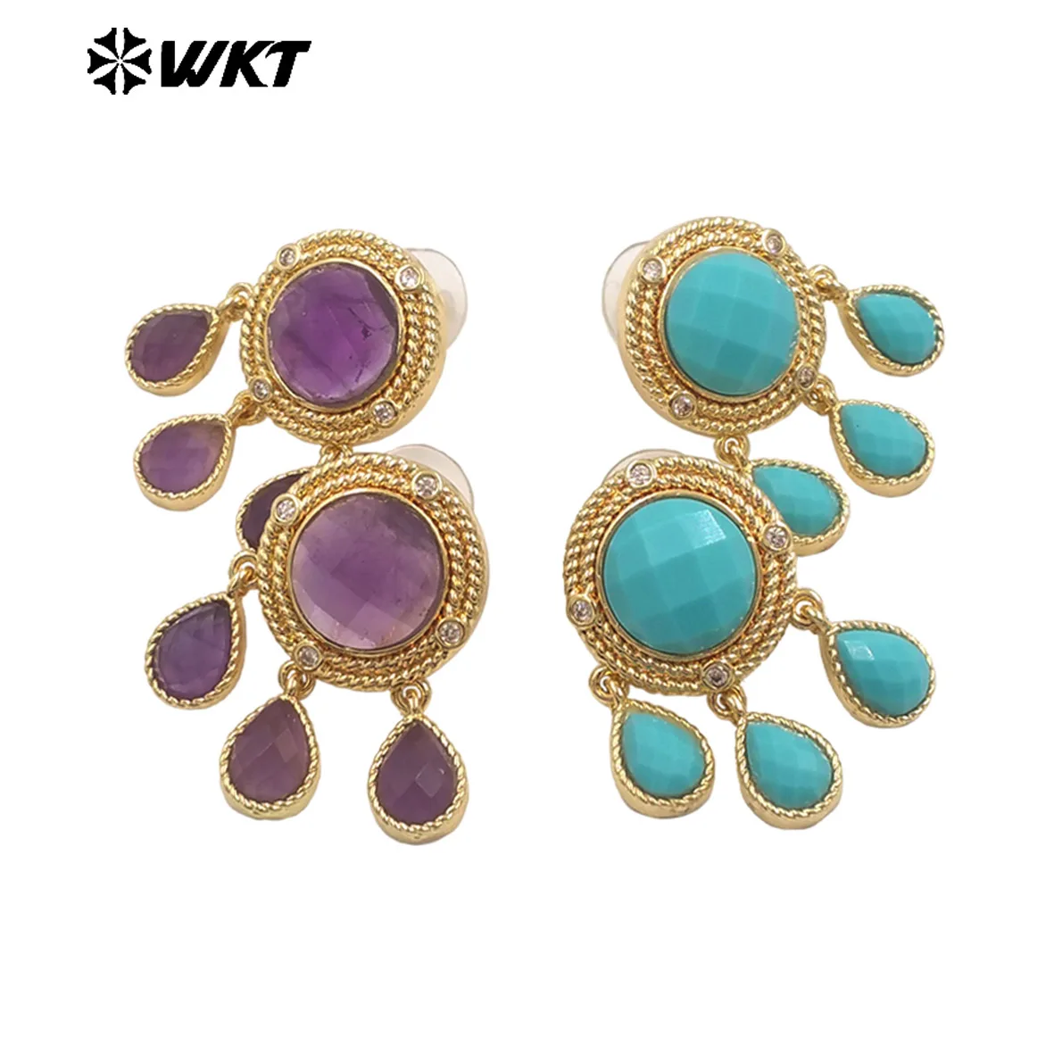 WT-ME120 Classic Court Style Special Style Colorful Gemstone Water Drop Shaped Stone Fringe Design Women Party Earrings