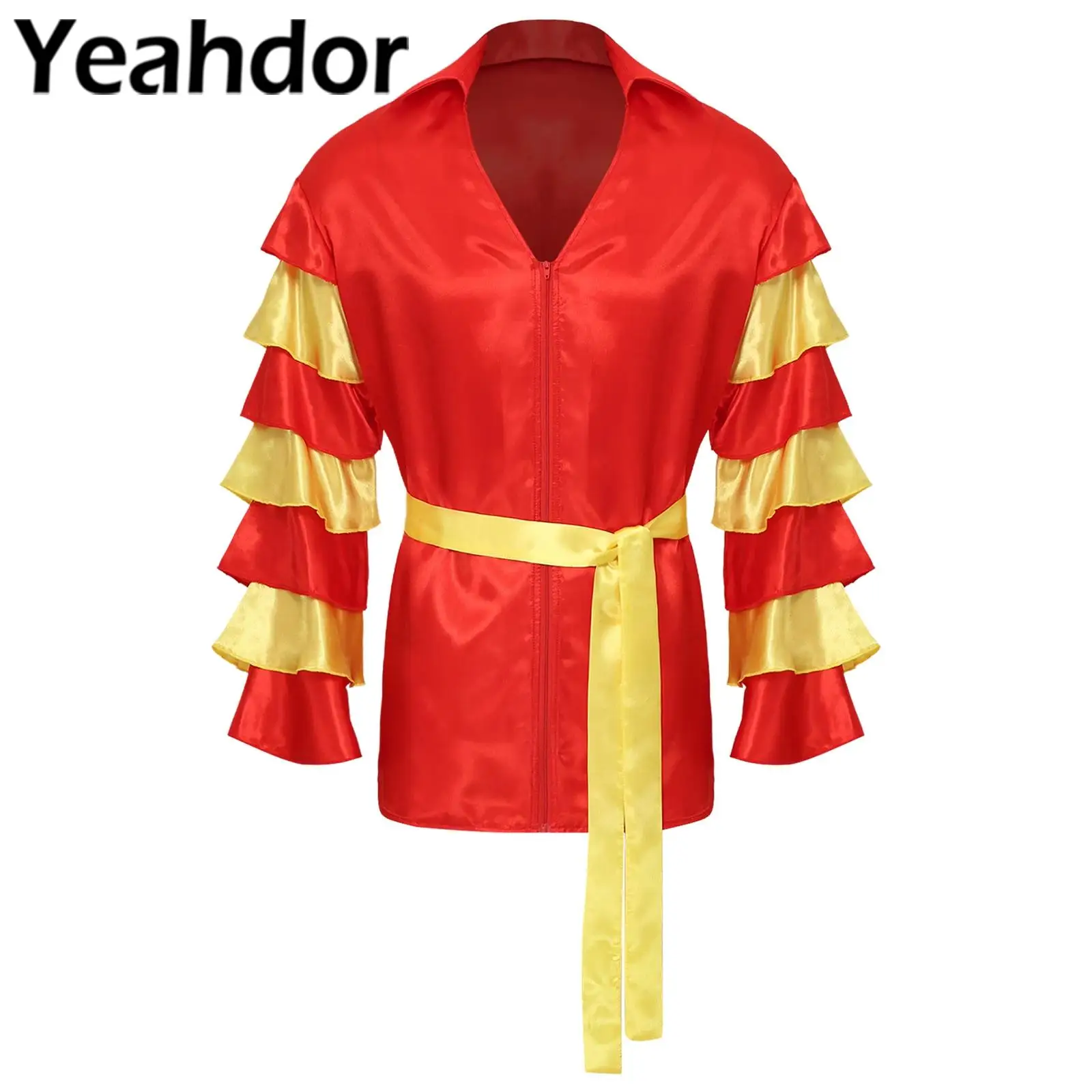 Conjuntos de disfraces de baile de Rumba y Salsa para hombre, camisas de satén con cuello en V y manga acampanada con cinturón para Halloween, fiesta de carnaval, actuación en escenario