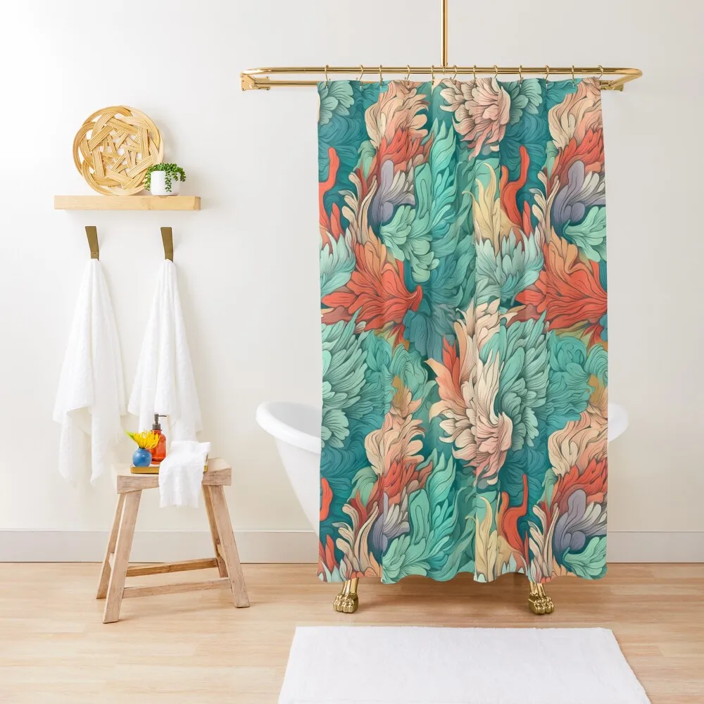 

Ocean Was Life 5, colorful pastel waves like feathers, flowing, ruffled, overlapping, under the sea, teal, orange Shower Curtain