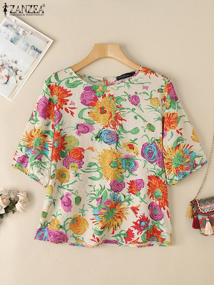 

ZANZEA Cotton Blend 3/4 Sleeve Blusas Mujer Day Wear Vacation O-Neck Woman Women Tops Floral Print 2025 Summer Casual Blouses