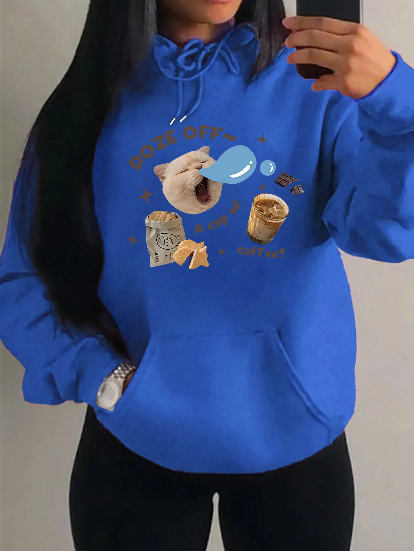 Sleepy Cat American Retro Cute Prints Hoody Women Loose Pocket Clothing Multicolor Streetwear Autumn Pullover Fleece Hoody
