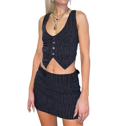 Damski 2-częściowy zestaw spódnic Office Lady Outfits Black Stripe Printed Pattern V-neck Cropped Tank Tops Bodycon Short Pencil Skirt Suit