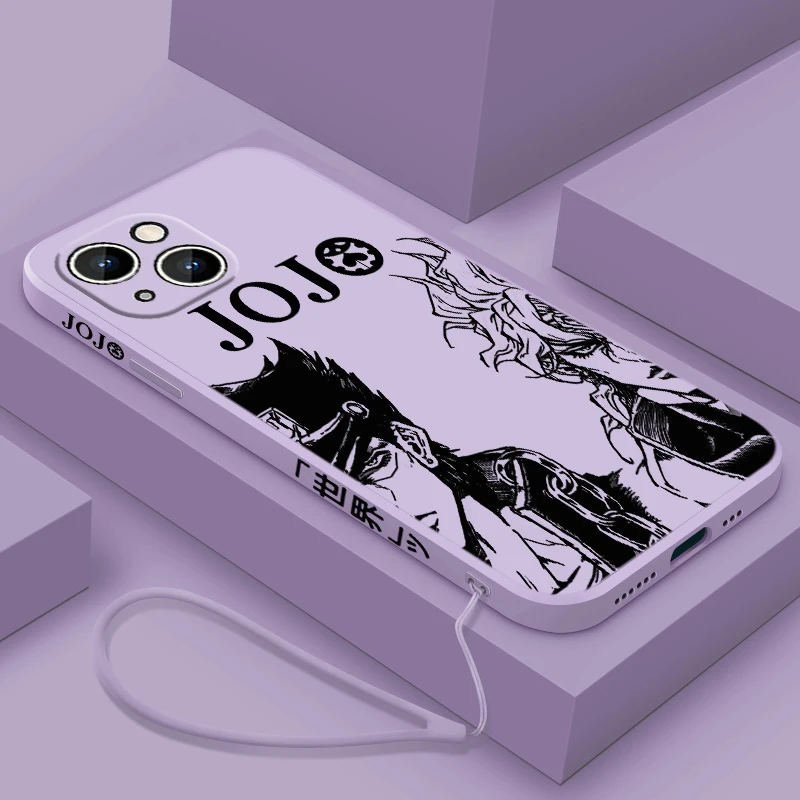 JOJO Anime carino per Apple iPhone 15 14 13 12 11 XS XR X 8 7 Pro Max Plus Mini custodia per telefono con corda sinistra liquida