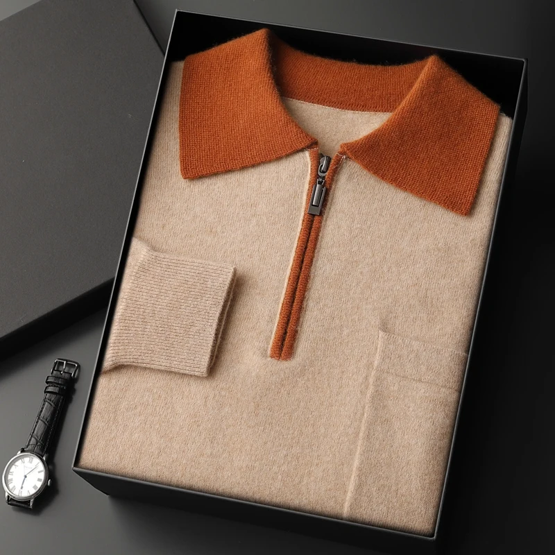 

High-end Men Fall Winter 100% Cashmere Sweater Color Blocking Polo Collar Half-Zip POLO Neck Pullovers Smart Casual CashmereTops
